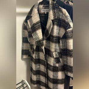 Wool coat 
Plaid 
Blue stripes